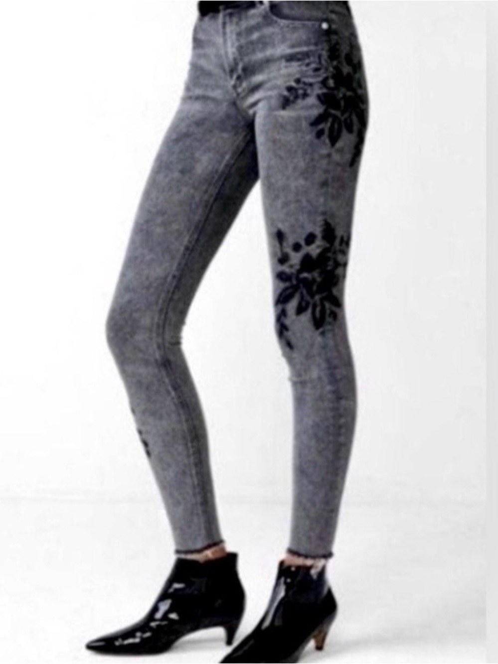 Express Grey Skinny Jeans with Black Floral Embroidery